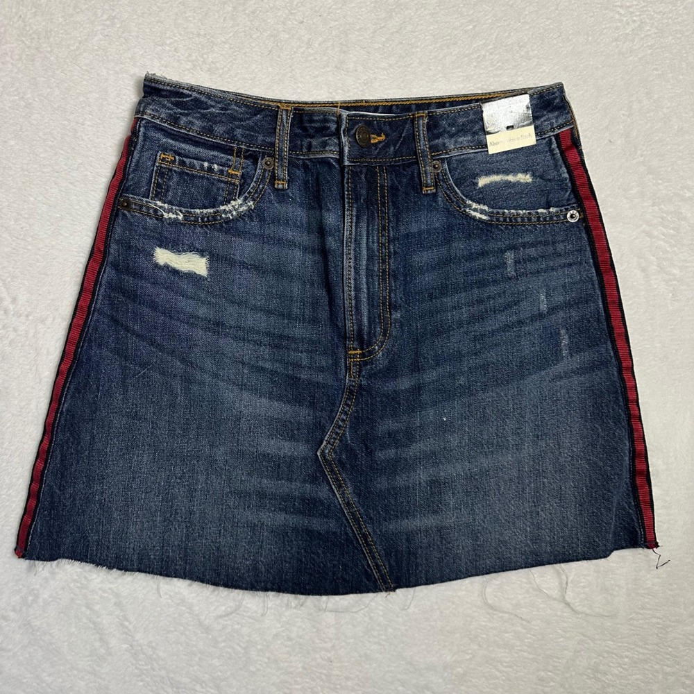 Abercrombie & Fitch Zoe Denim Mini Skirt W26 Blue Distressed Red Side Stripe NWT